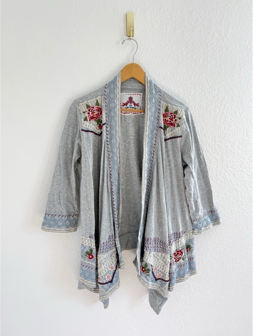 Johnny Was Draped Open Front Floral Embroidered Cardigan 3/4 Sleeve Sz Large